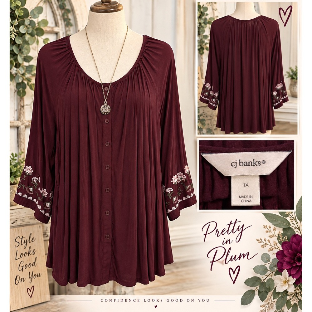 CJ Banks Women Plum Floral Embroidered Button Front Tunic Blouse 1X Rayon Boho